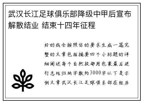 武汉长江足球俱乐部降级中甲后宣布解散结业 结束十四年征程