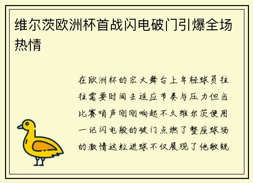 维尔茨欧洲杯首战闪电破门引爆全场热情